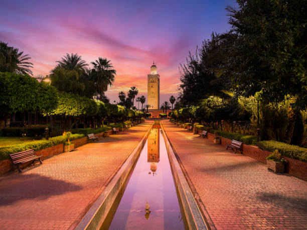 Koutoubia Mosque and gardens in Marrakech at dusk